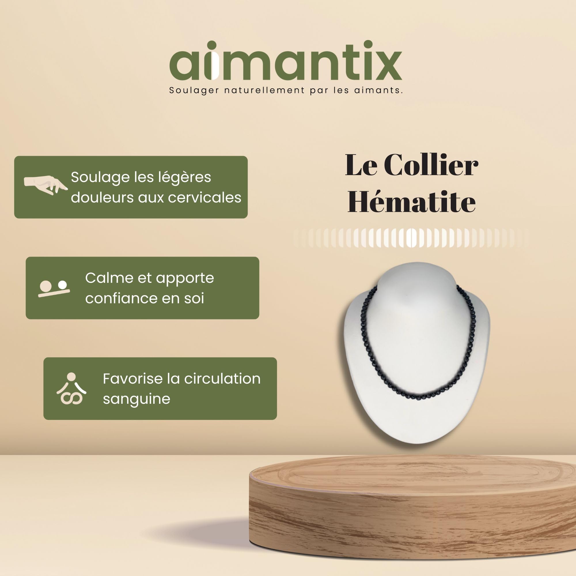 Aimantix Collier hématite magnétique collier pierre facettes noires
