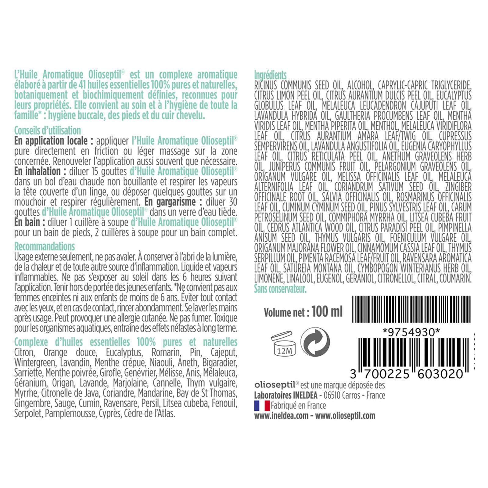 Olioseptil Au Quotidien Huile Aromatique 100 ml 41 Huiles