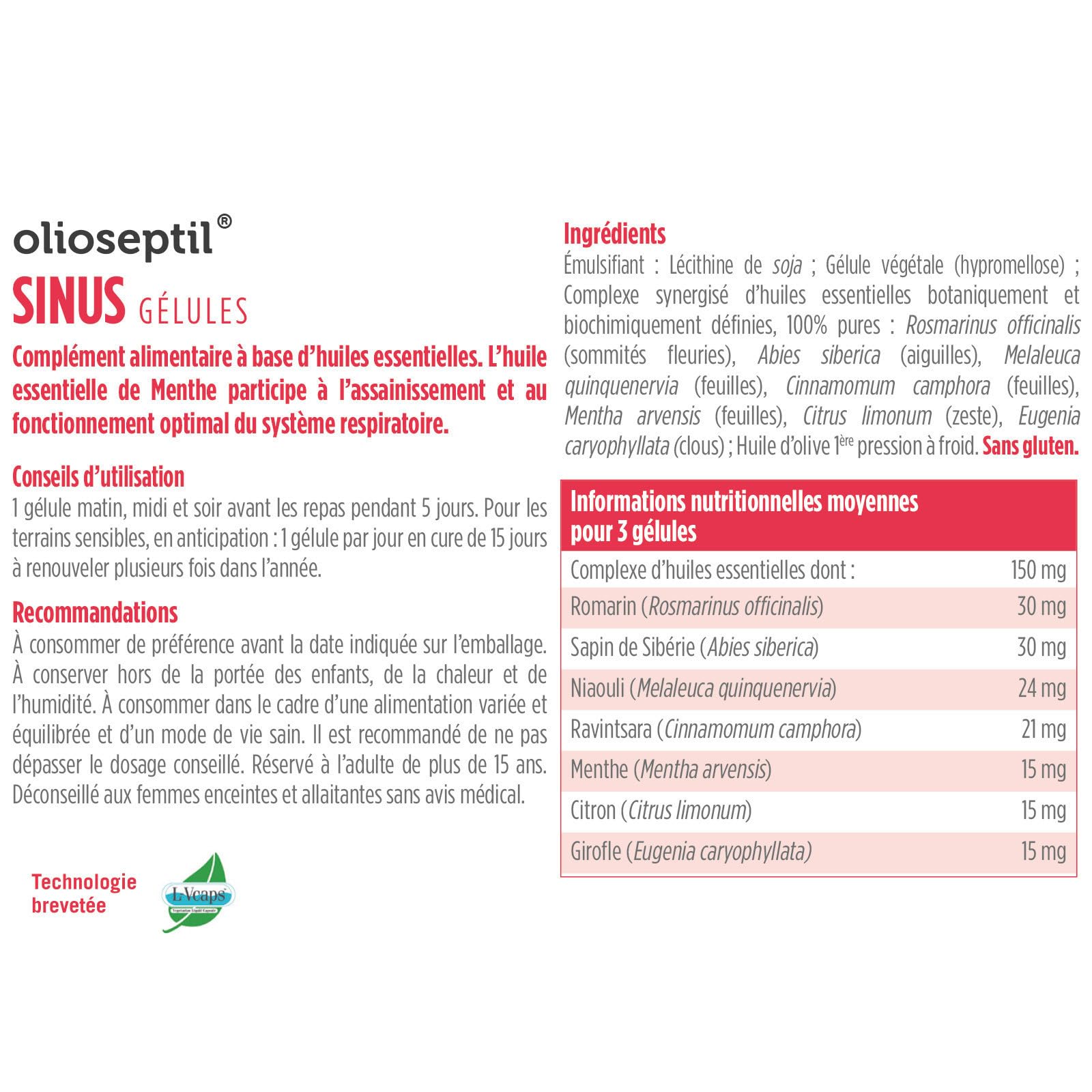 Olioseptil Confort respiratoire Sinus gélules huiles essentielles lot 3