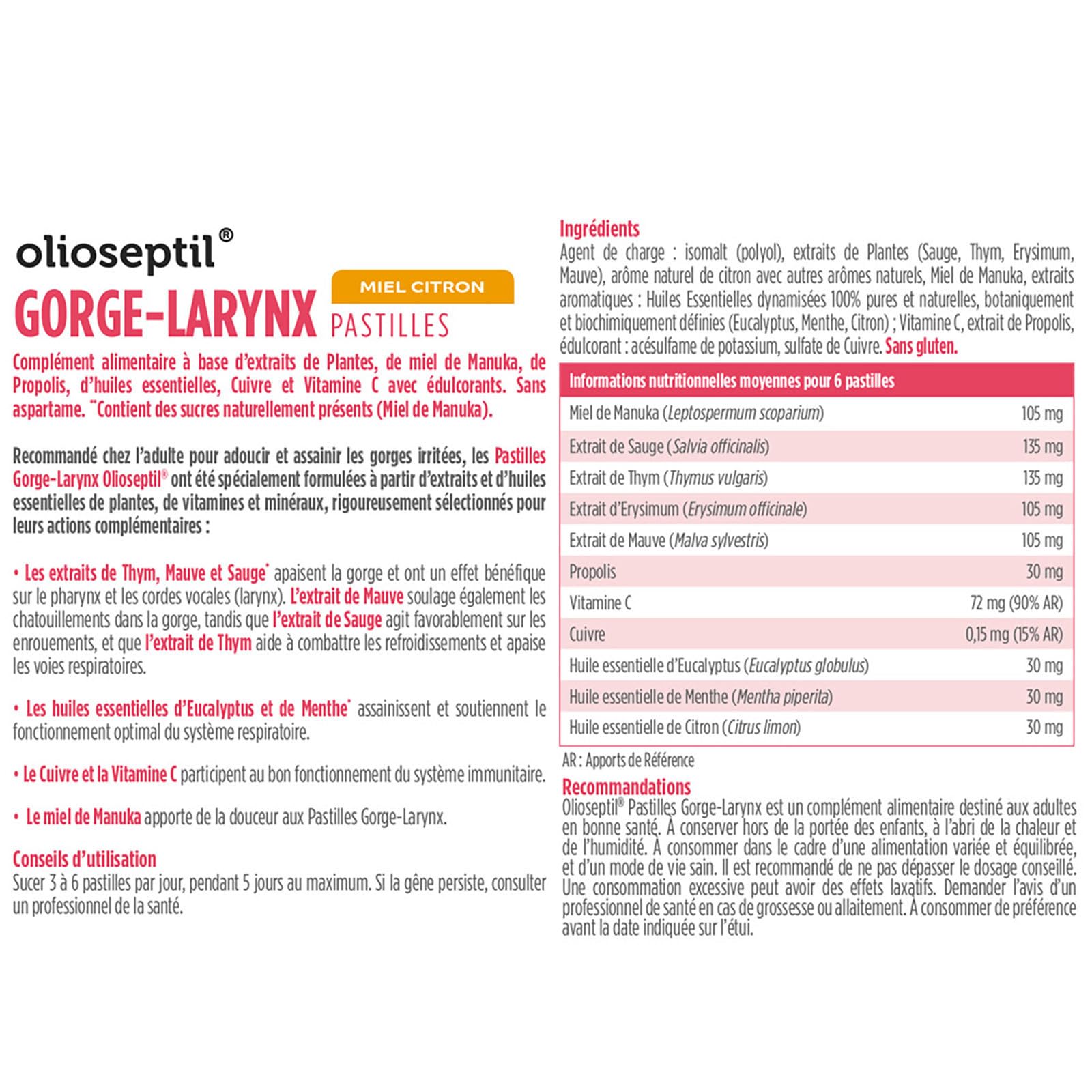 Olioseptil Confort respiratoire pastilles gorge 24 miel citron