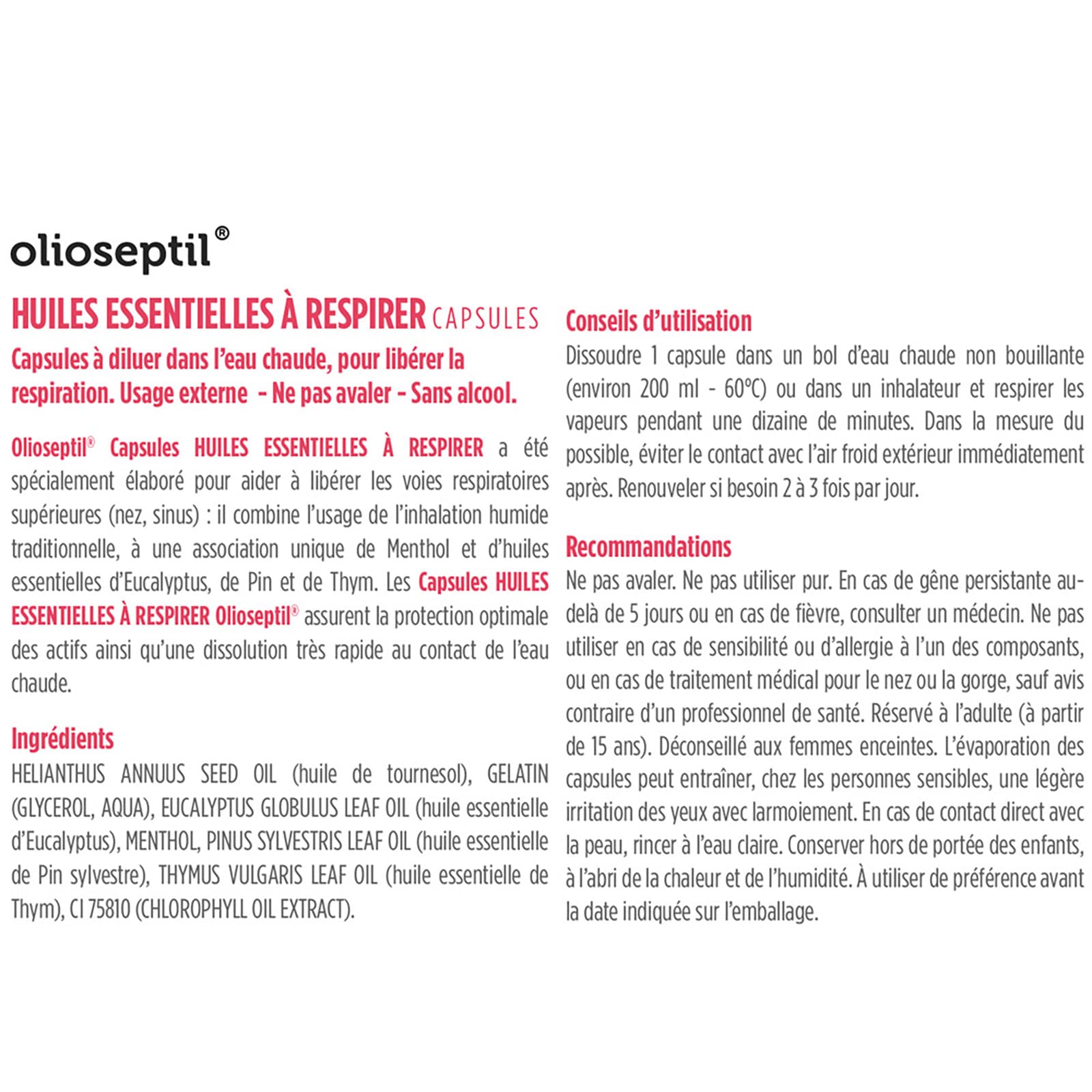 Olioseptil Confort respiratoire capsules inhalation 15 nez sinus