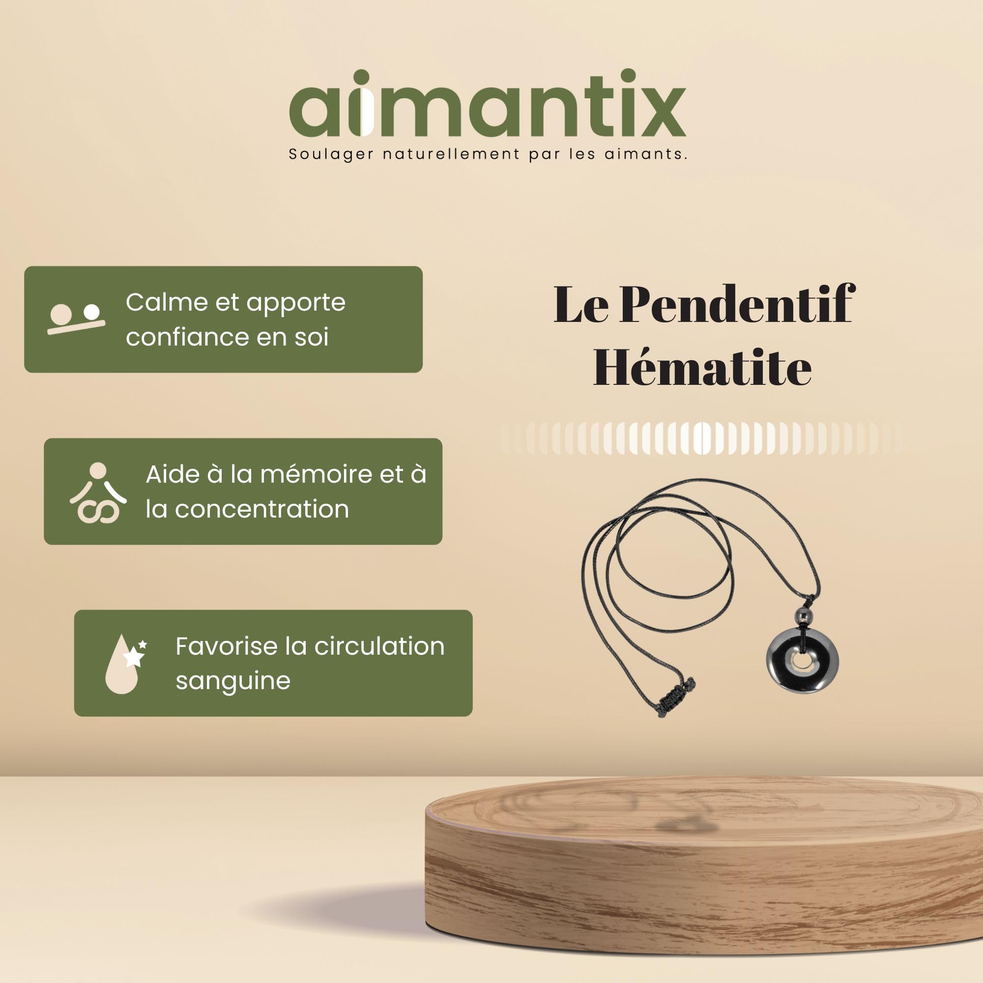 Aimantix Pendentif magnétique hématite collier mixte