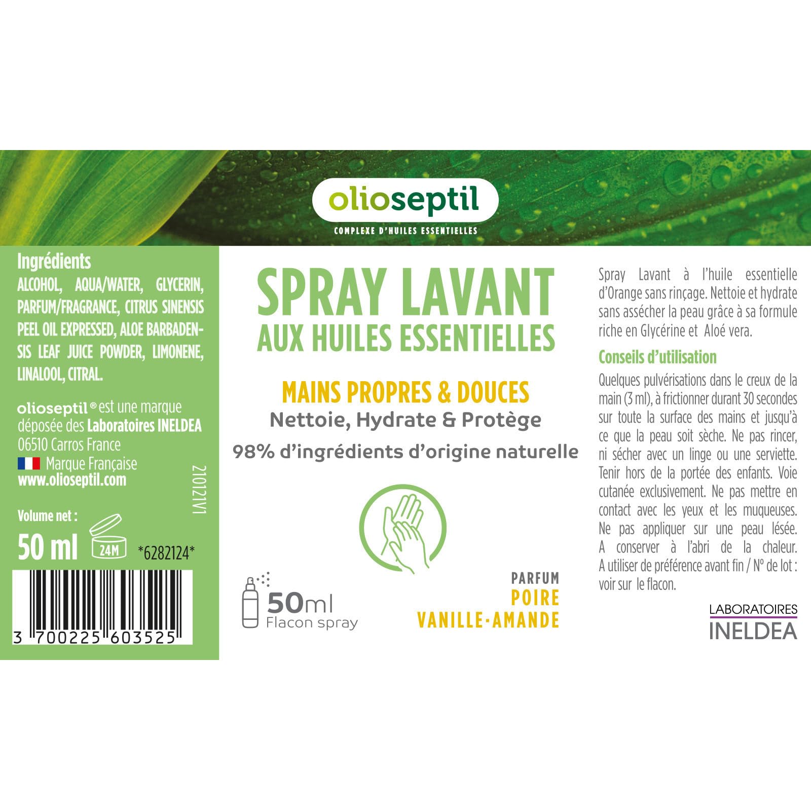 Olioseptil spray lavant mains poire-vanille lot de 3x50 ml