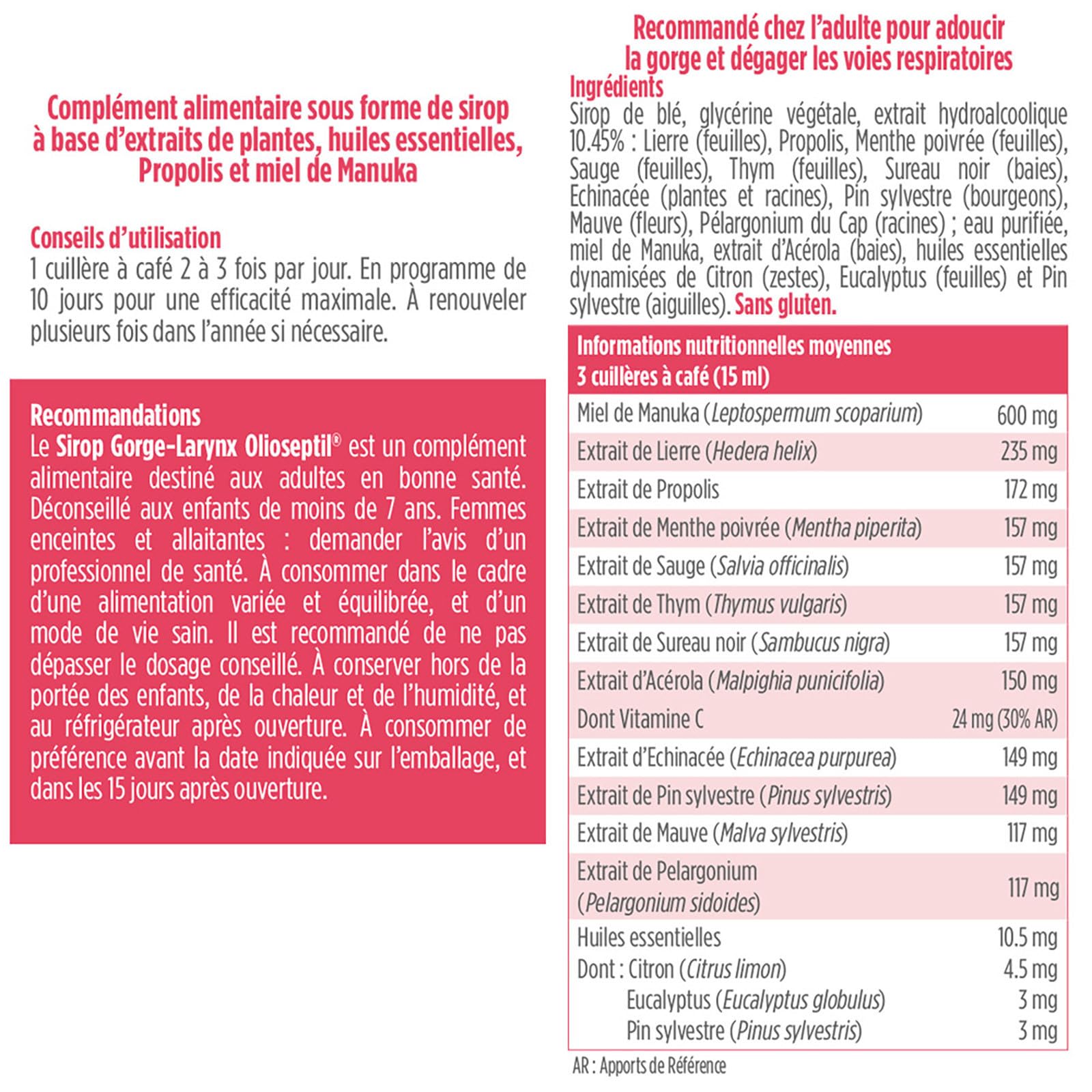 Olioseptil Confort respiratoire sirop gorge 125 ml manuka