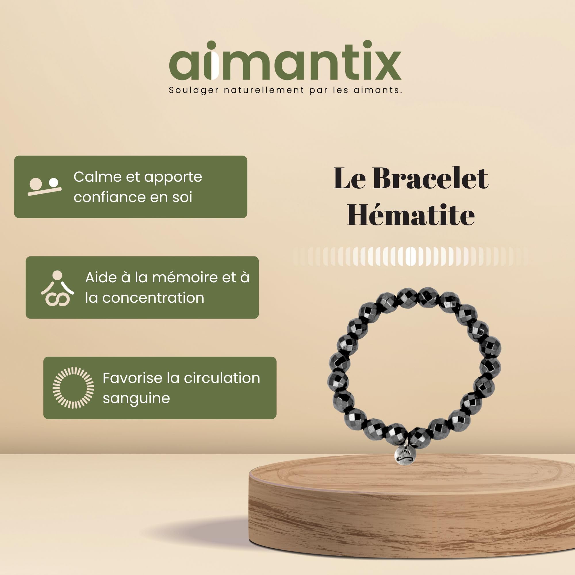 Aimantix Bracelet Hématite Magnétique Grosses Billes Taille Unique