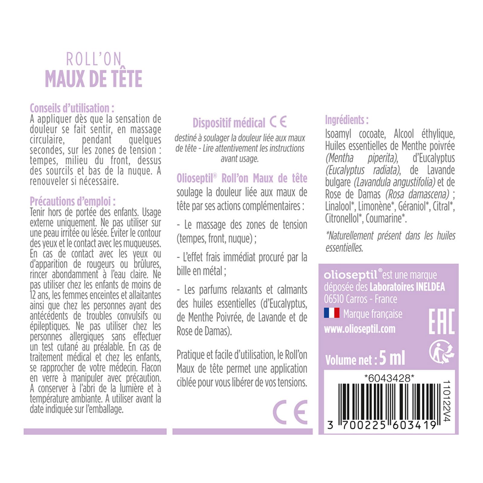 Olioseptil Sommeil et relaxation roll on maux de tête lot de 3