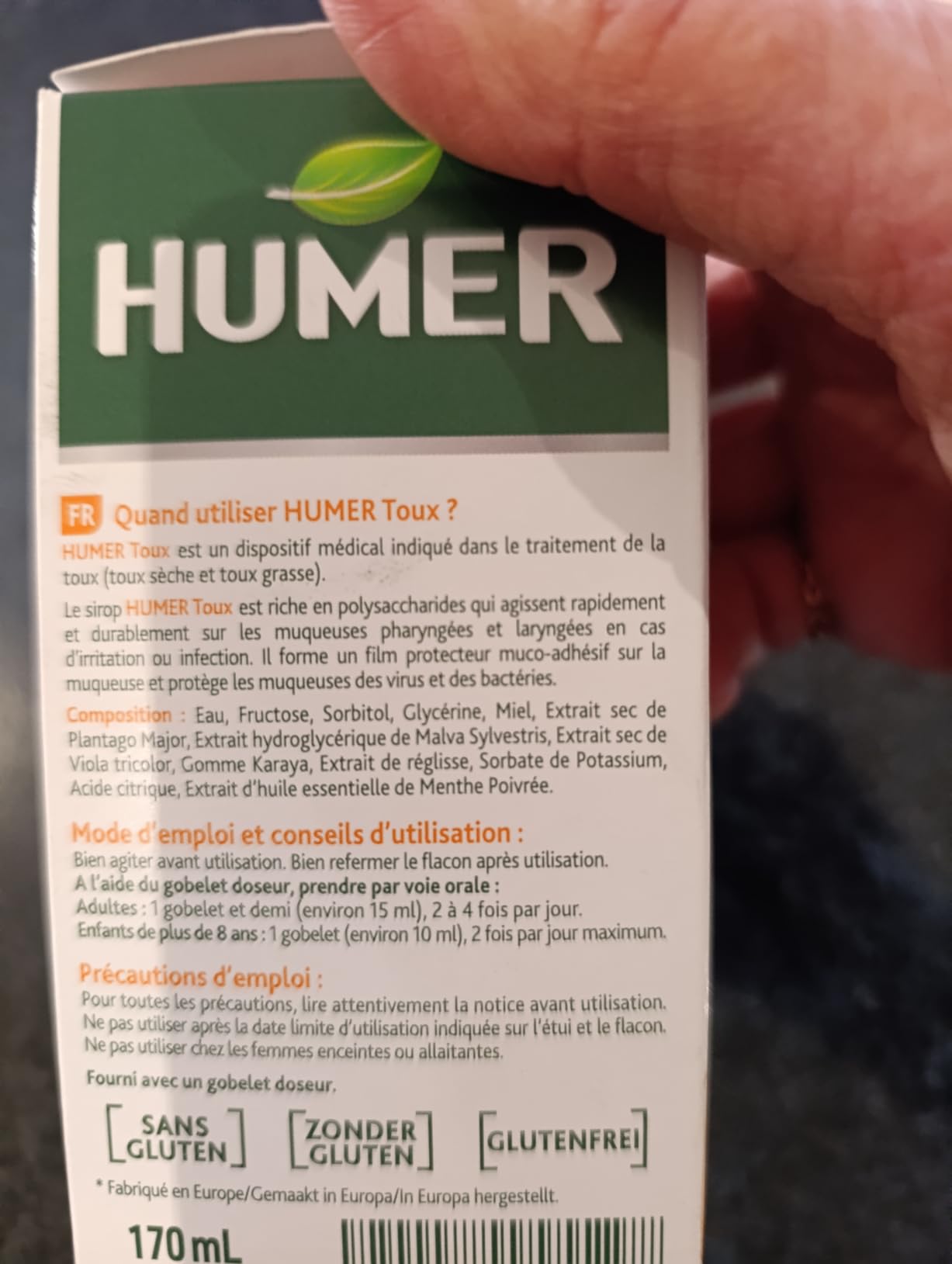 Humer Toux sirop toux sèche grasse miel 170 ml dès 8 ans
