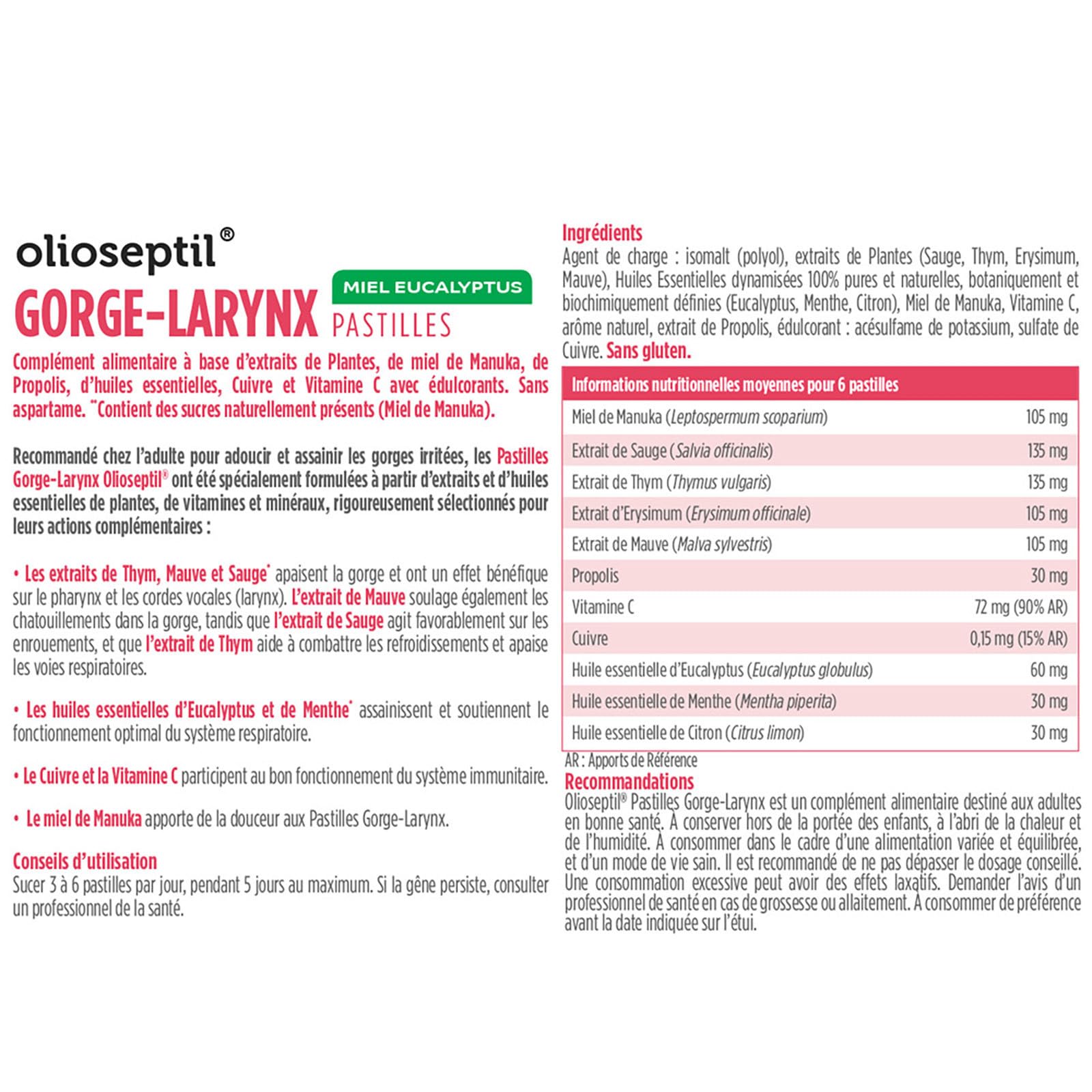 Olioseptil Confort respiratoire Gorge pastilles miel eucalyptus 24